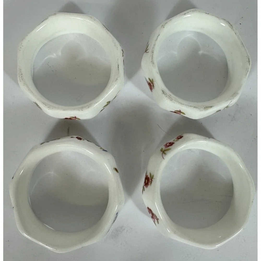 Porcelain Floral Chintz Napkin Rings Octagonal White Rosey Red Blue Set Of 4 Vtg